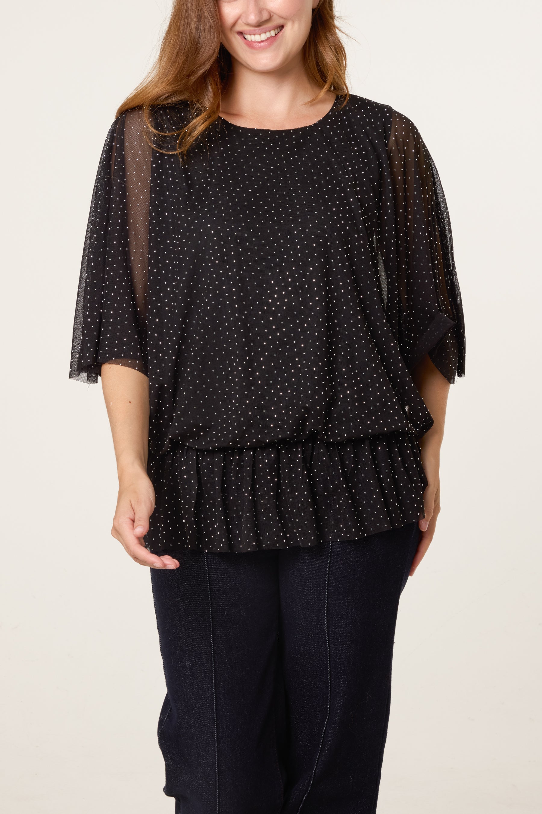 Mesh Diamante Batwing Top