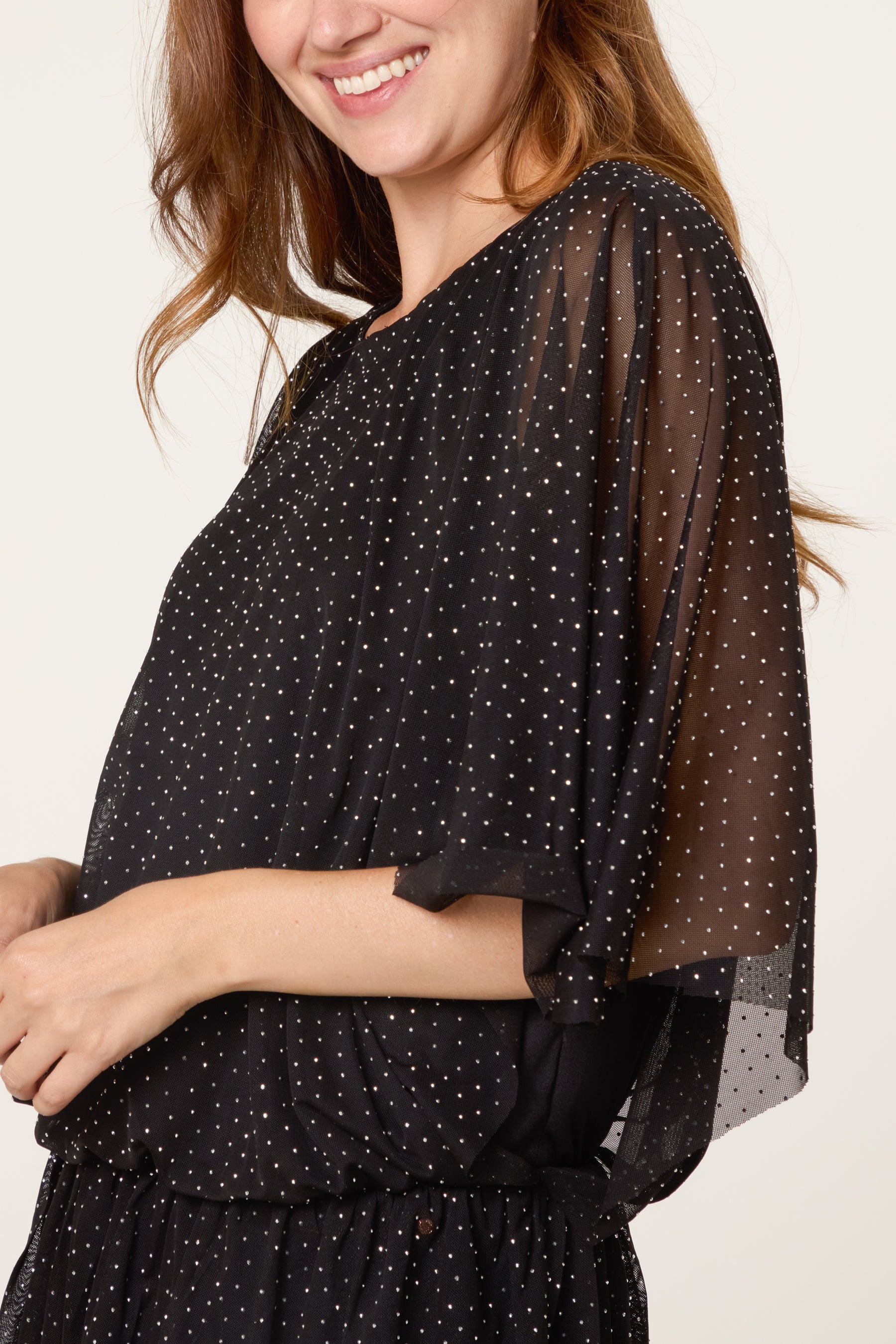 Mesh Diamante Batwing Top