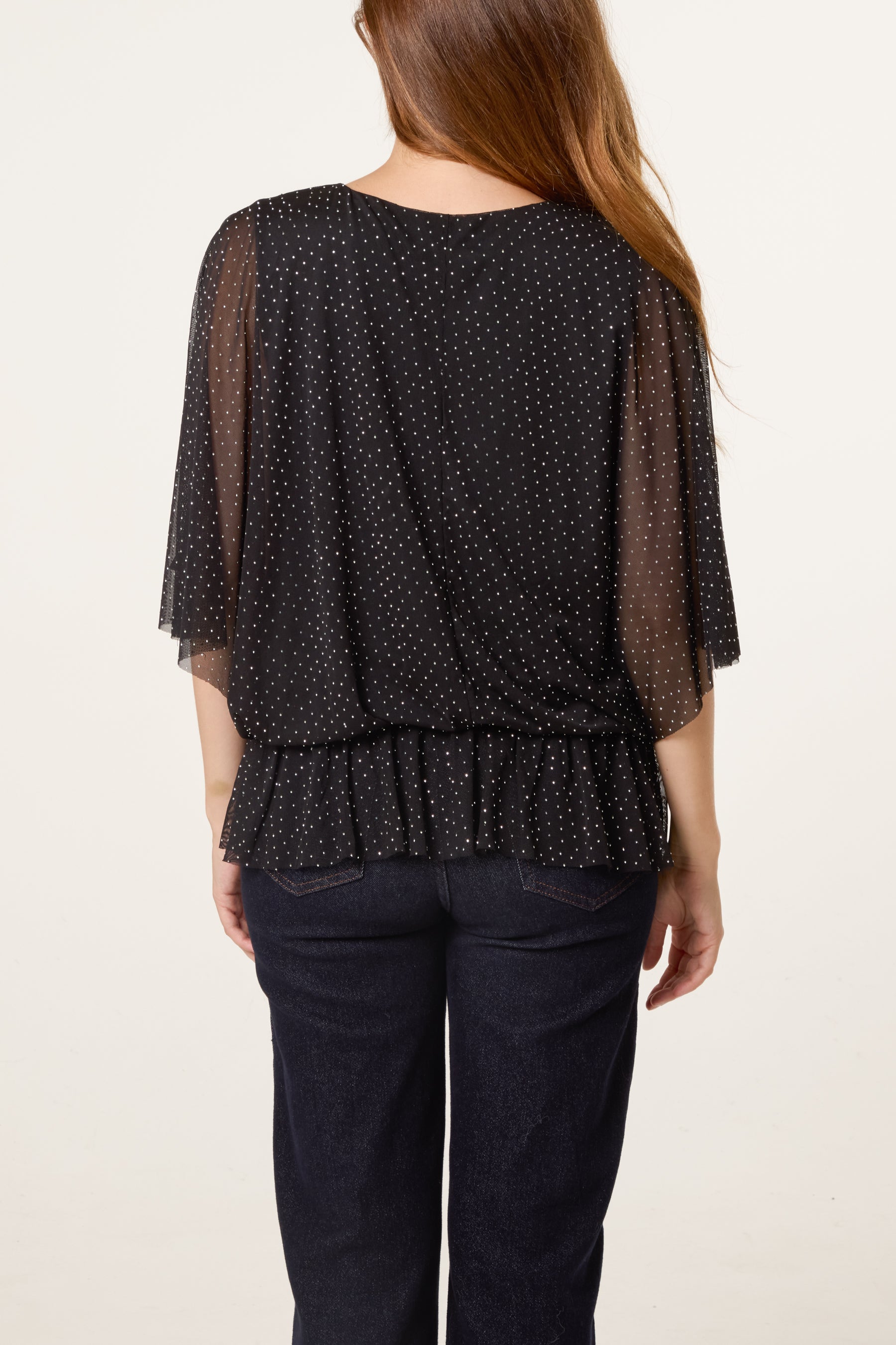 Mesh Diamante Batwing Top