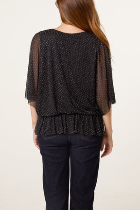 Mesh Diamante Batwing Top