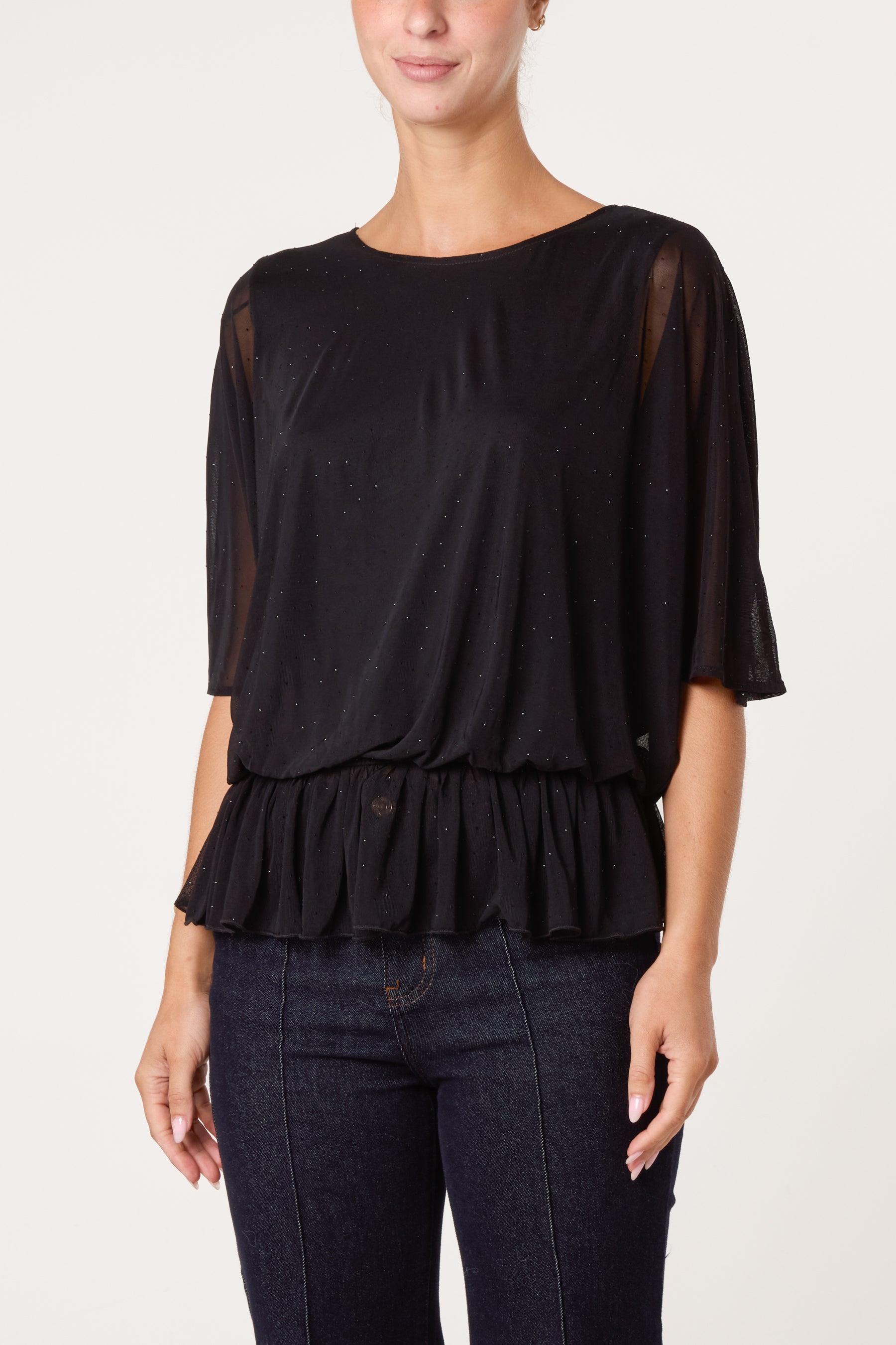 Mesh Diamante Sparkle Batwing Top