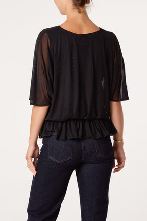 Mesh Diamante Sparkle Batwing Top