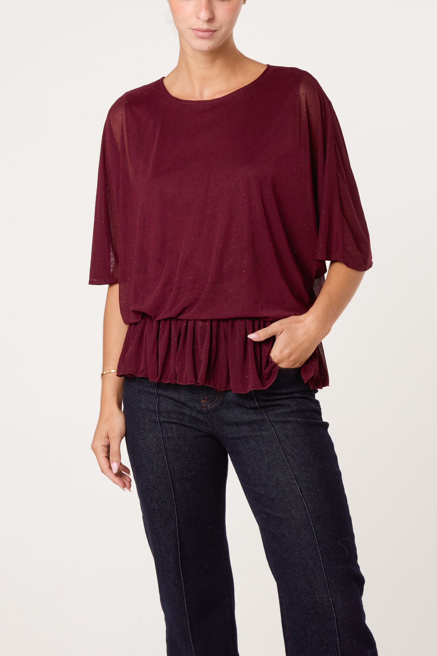 Mesh Diamante Sparkle Batwing Top