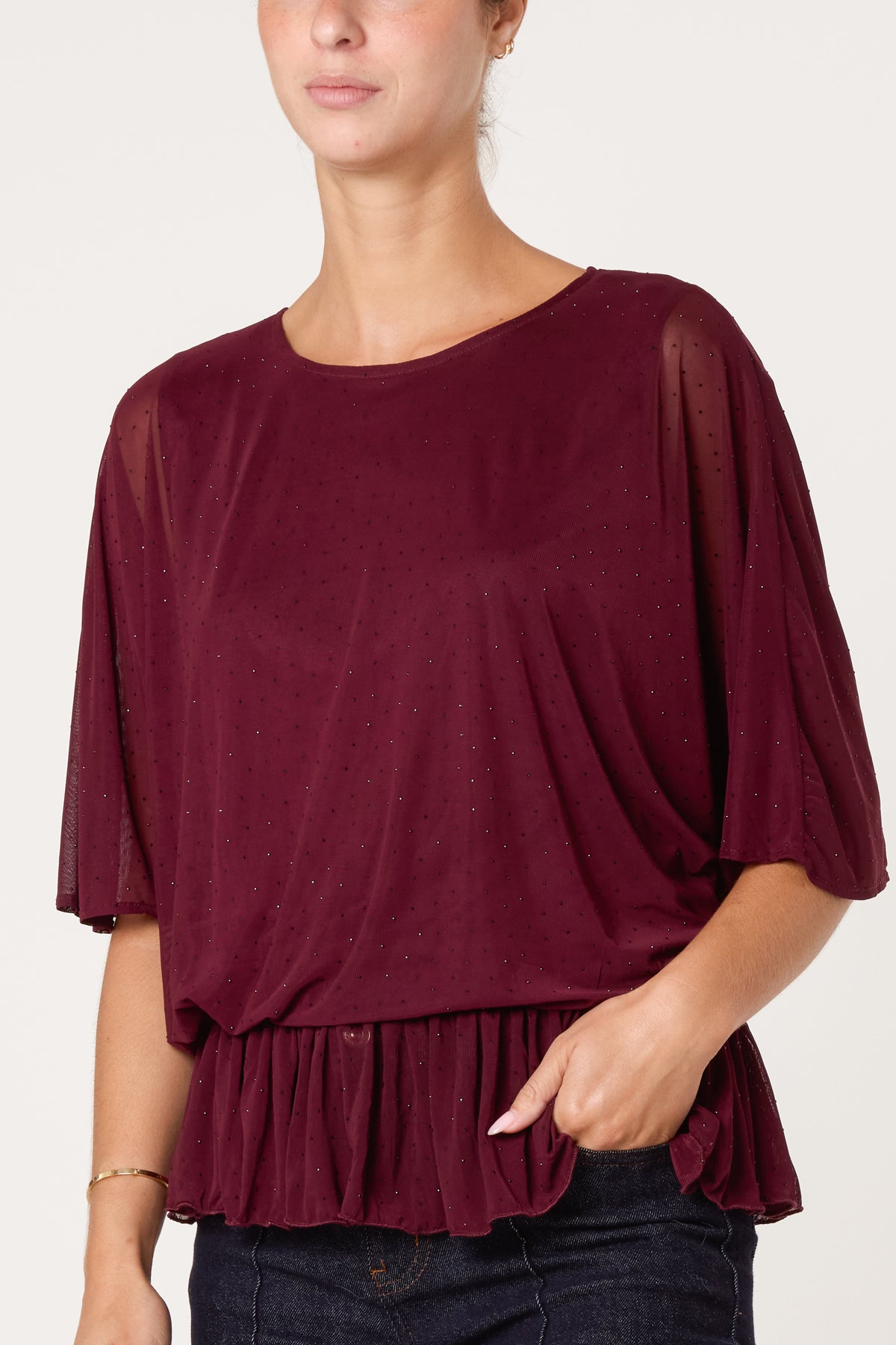 Mesh Diamante Sparkle Batwing Top