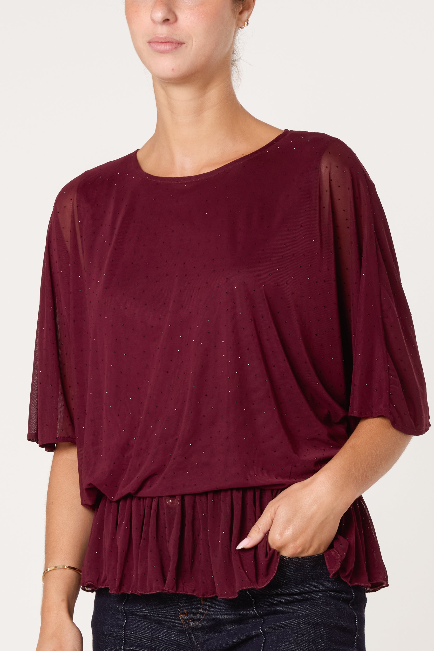 Mesh Diamante Sparkle Batwing Top