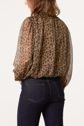 Leopard Button Through Puffball Blouse