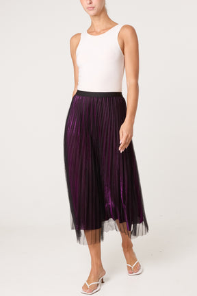 Metallic Chiffon Pleated Midi Skirt