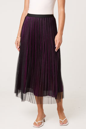 Metallic Chiffon Pleated Midi Skirt