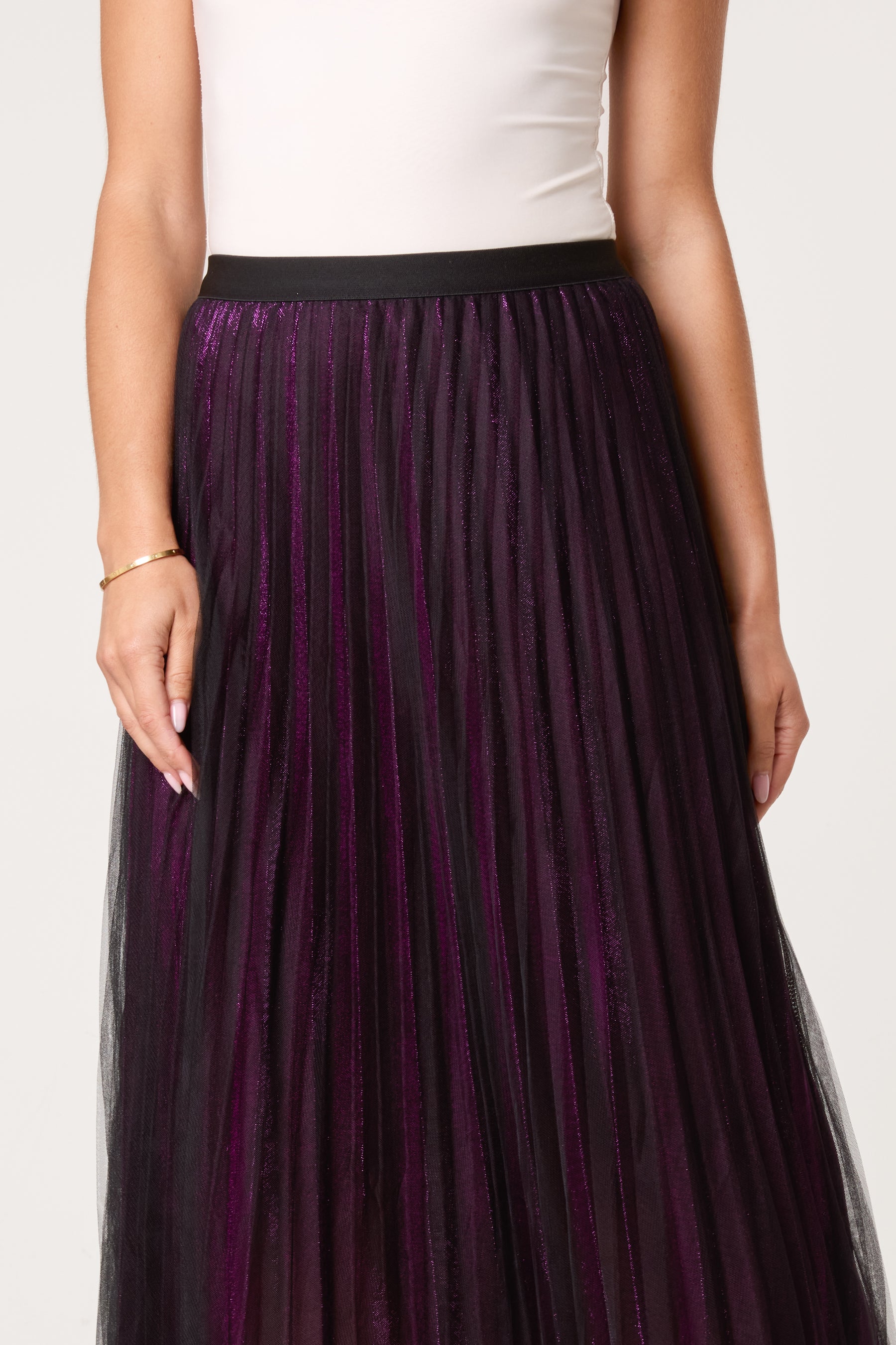 Metallic Chiffon Pleated Midi Skirt
