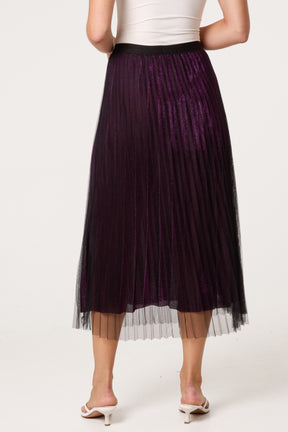 Metallic Chiffon Pleated Midi Skirt