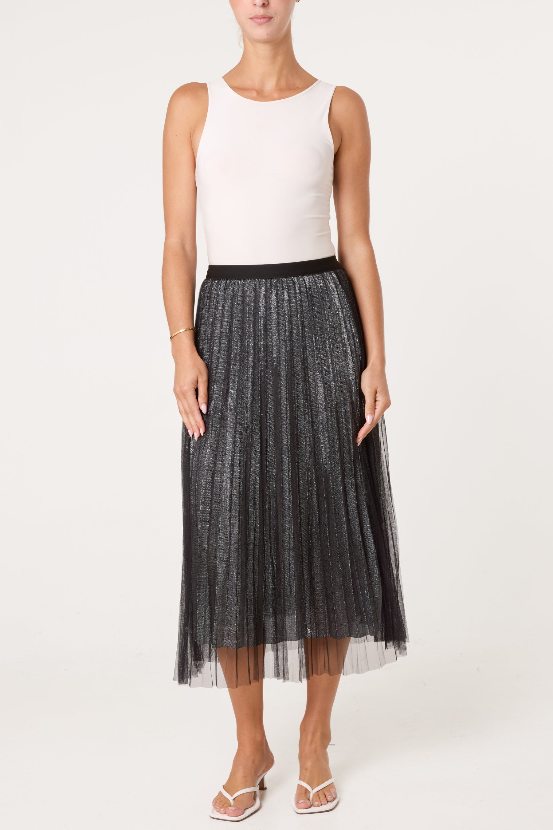 Metallic Chiffon Pleated Midi Skirt