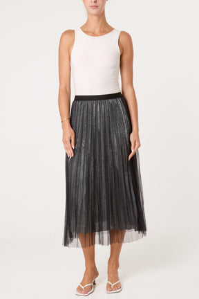 Metallic Chiffon Pleated Midi Skirt