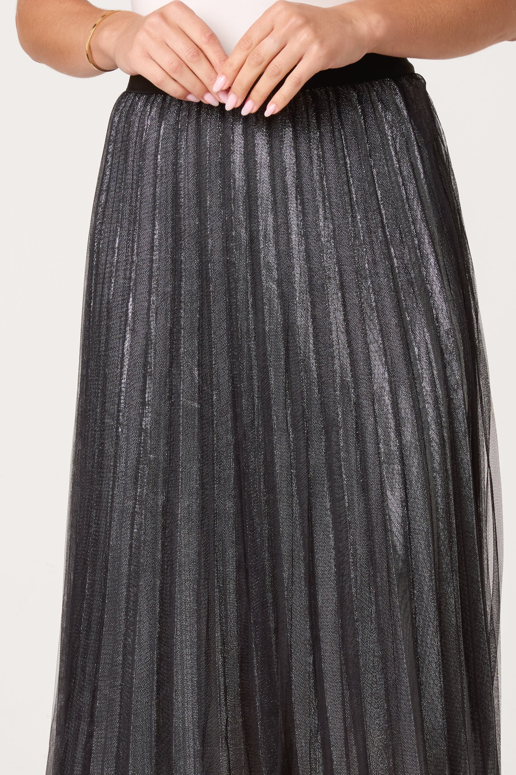 Metallic Chiffon Pleated Midi Skirt