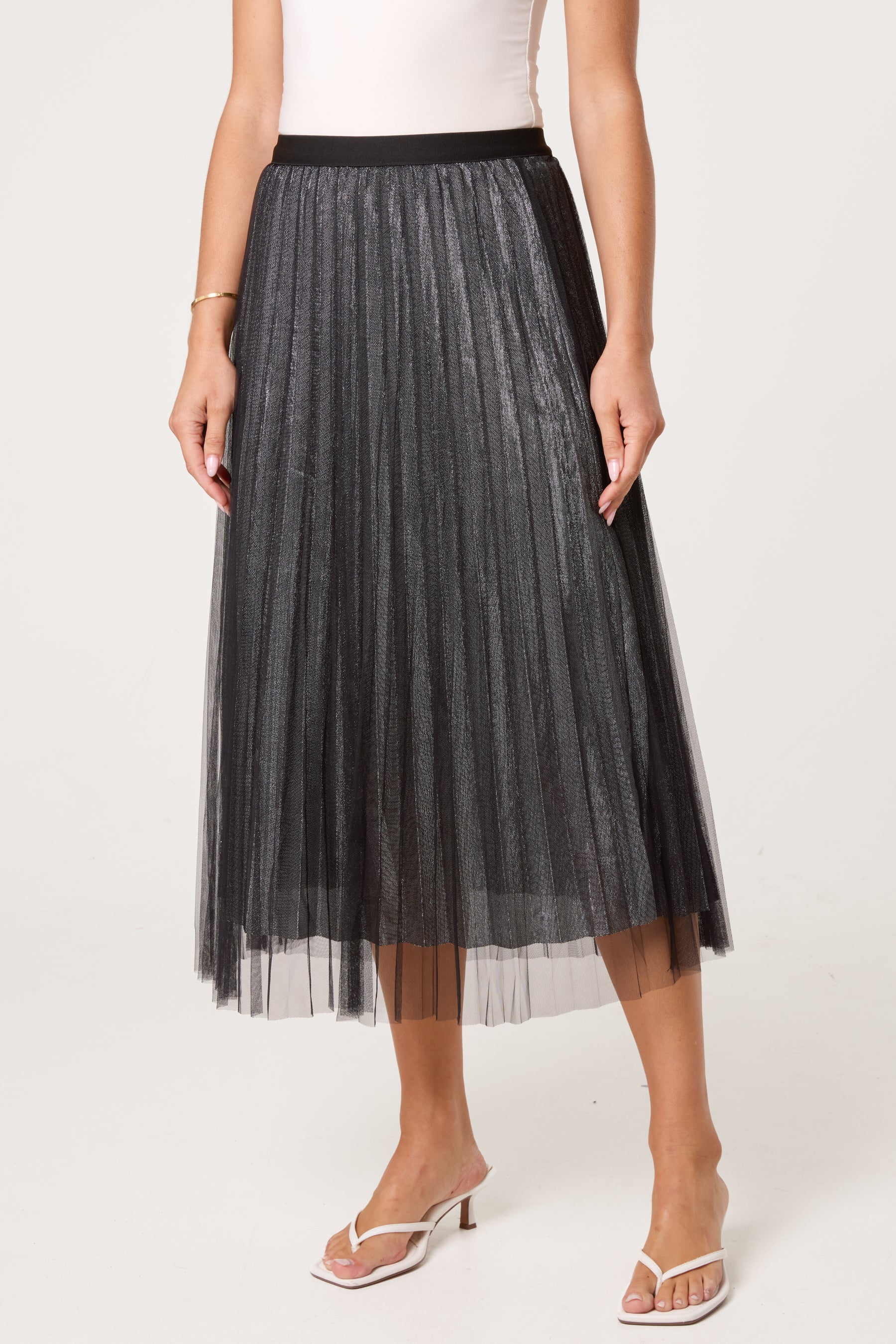 Metallic Chiffon Pleated Midi Skirt