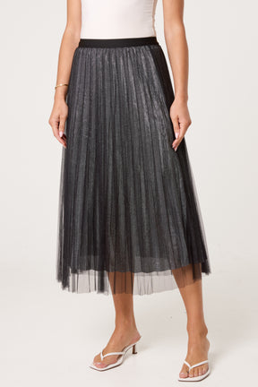 Metallic Chiffon Pleated Midi Skirt