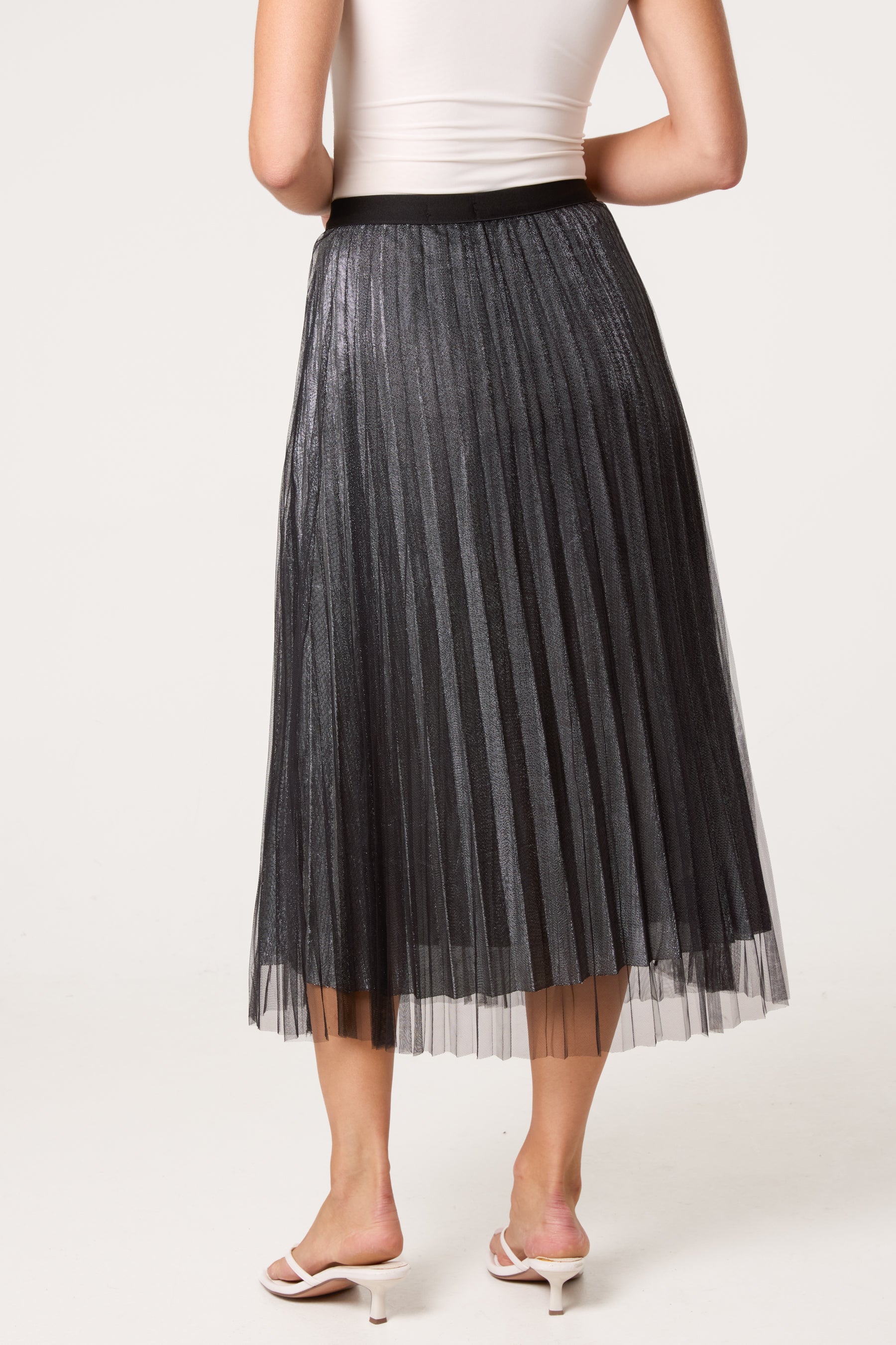 Metallic Chiffon Pleated Midi Skirt
