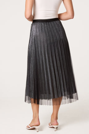 Metallic Chiffon Pleated Midi Skirt