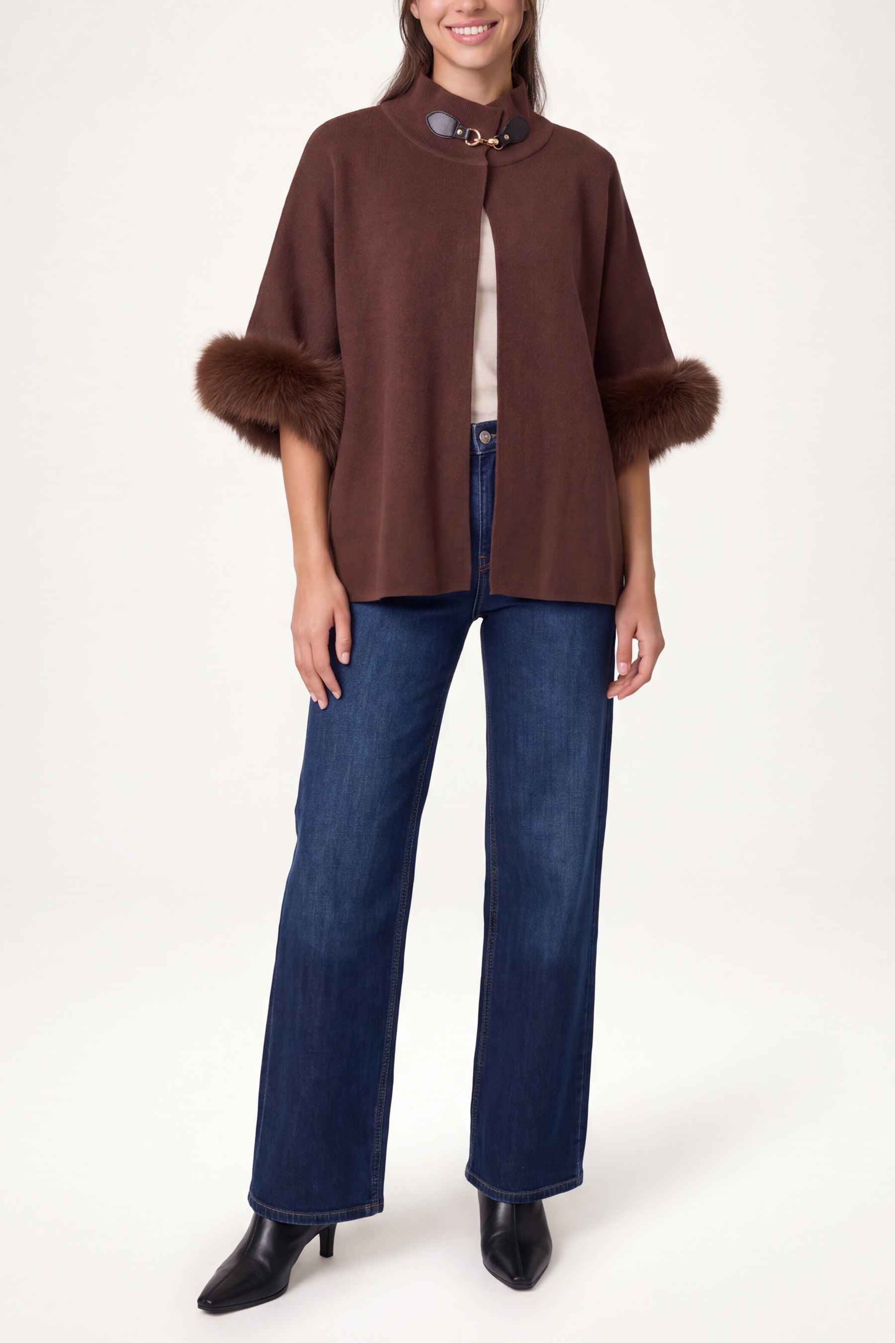Fur Cuff Funnel Neck Poncho