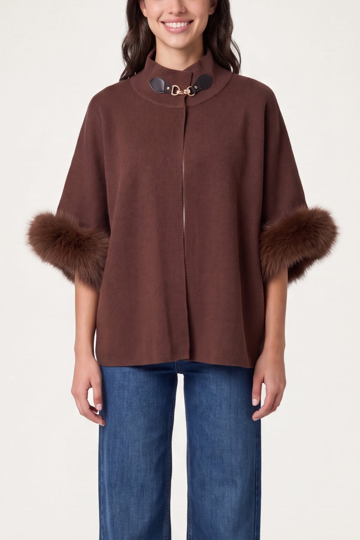 Fur Cuff Funnel Neck Poncho