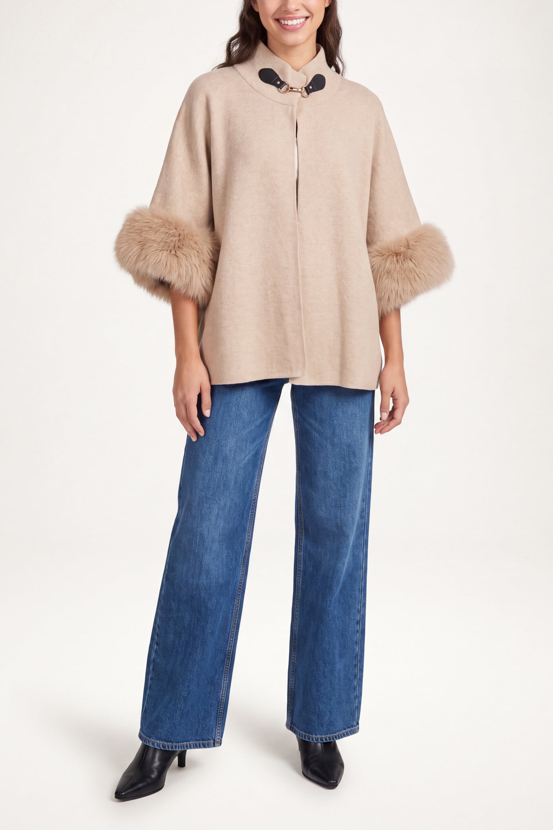 Fur Cuff Funnel Neck Poncho