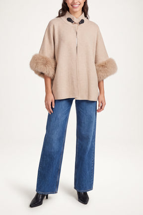 Fur Cuff Funnel Neck Poncho