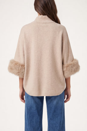 Fur Cuff Funnel Neck Poncho