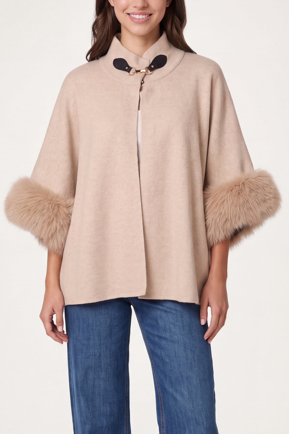 Fur Cuff Funnel Neck Poncho