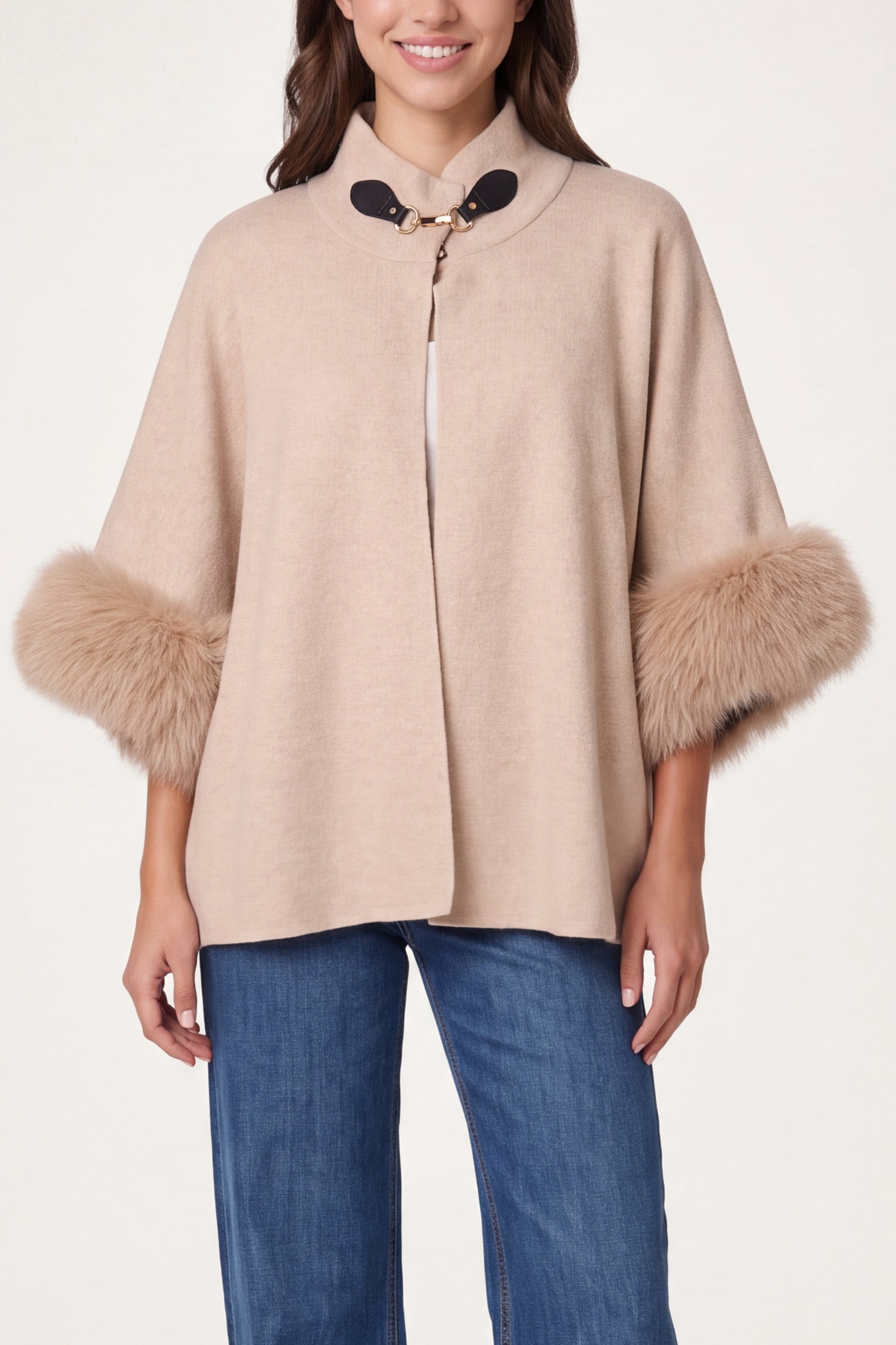 Fur Cuff Funnel Neck Poncho