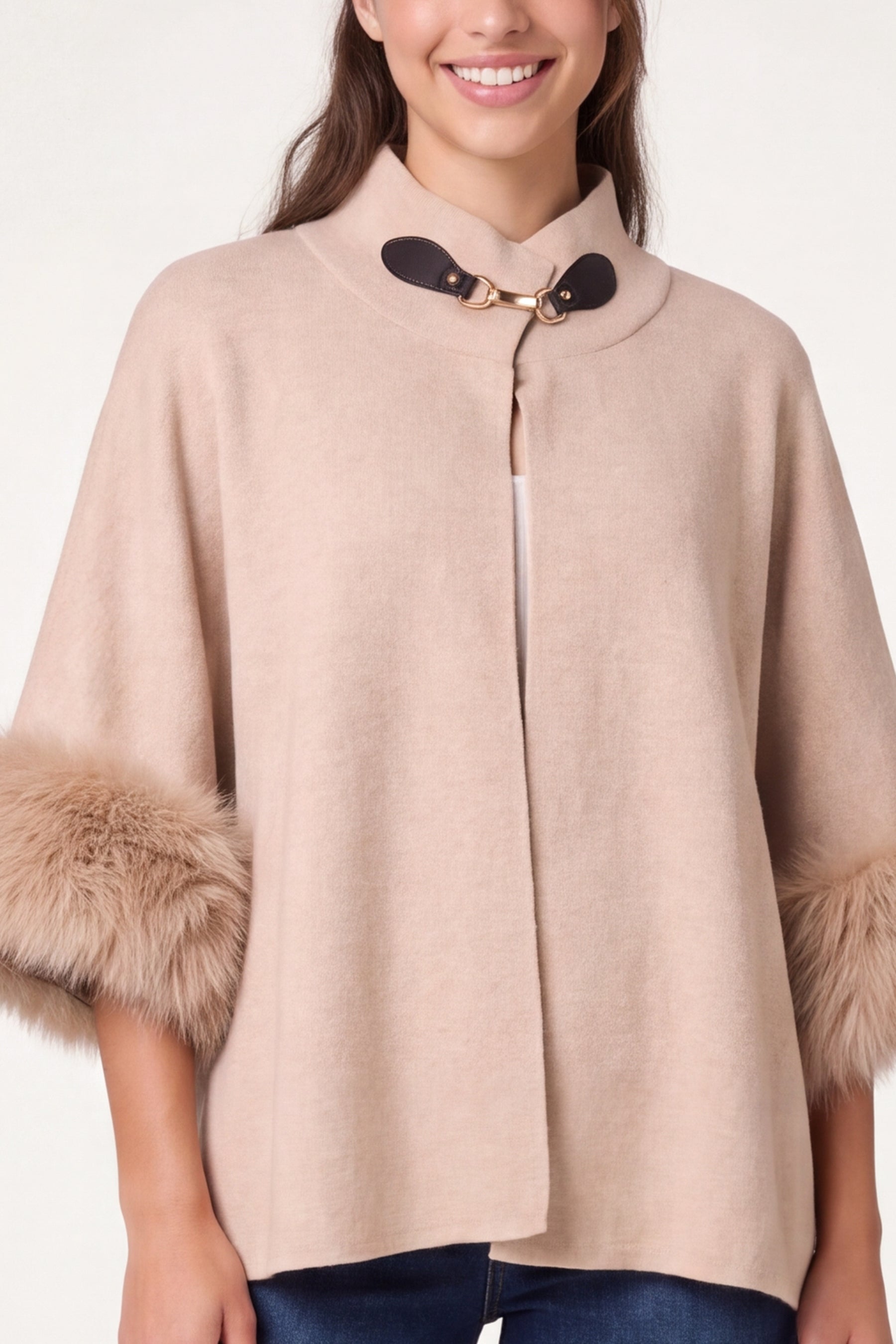 Fur Cuff Funnel Neck Poncho