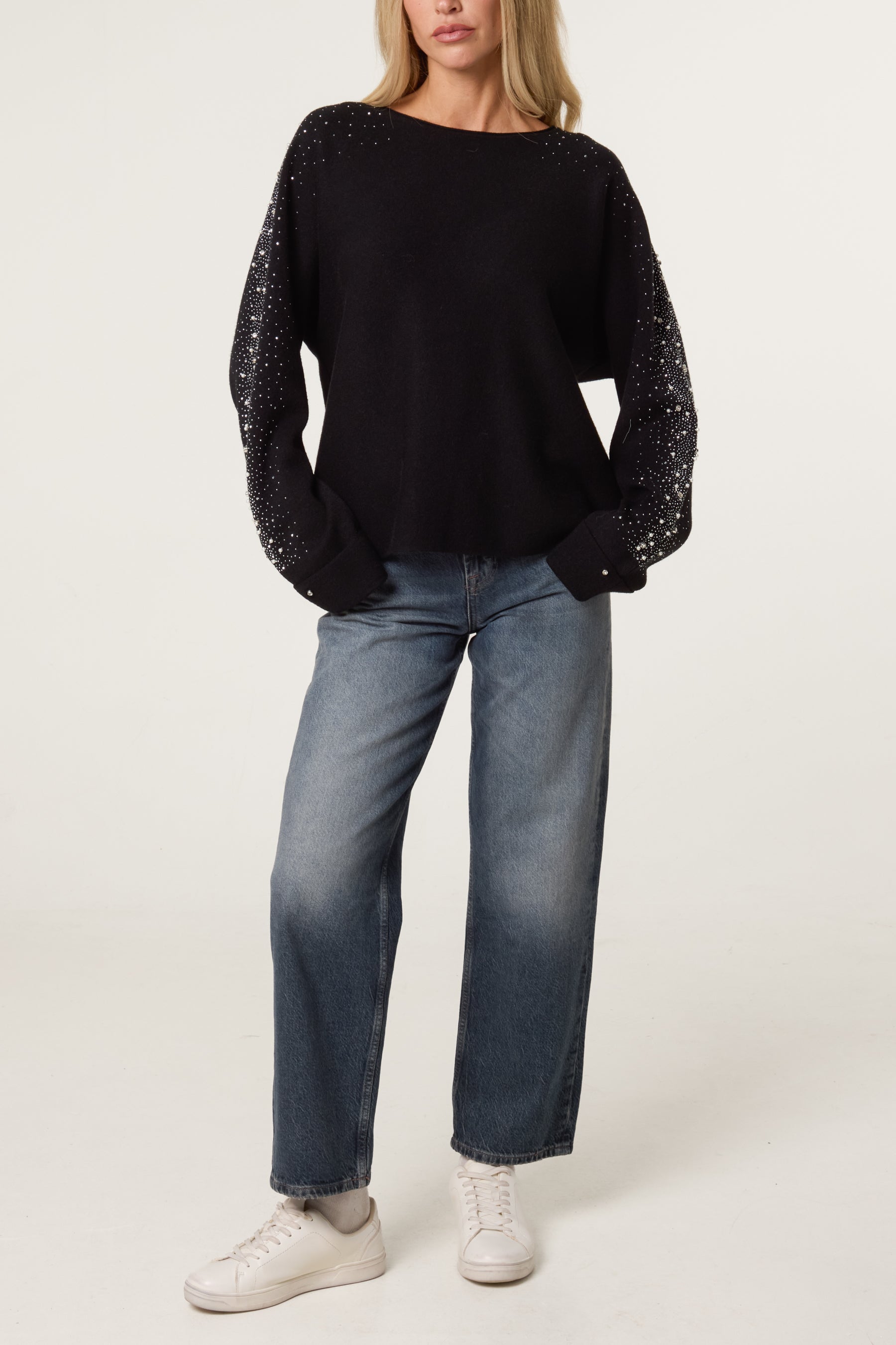 Embellished Sleeve Round Neck Knit Jumper
