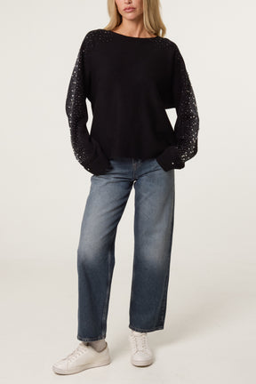 Embellished Sleeve Round Neck Knit Jumper