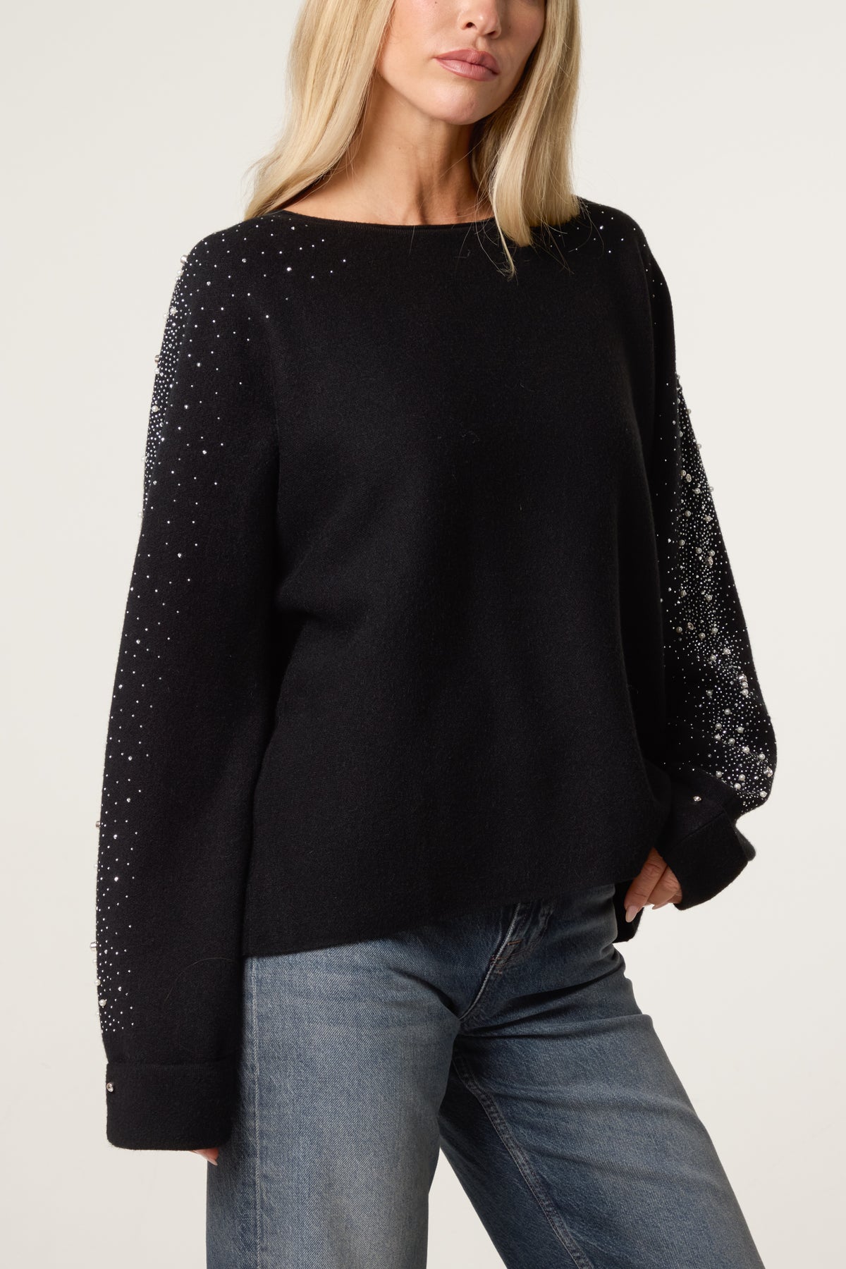 Embellished Sleeve Round Neck Knit Jumper