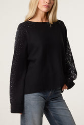 Embellished Sleeve Round Neck Knit Jumper
