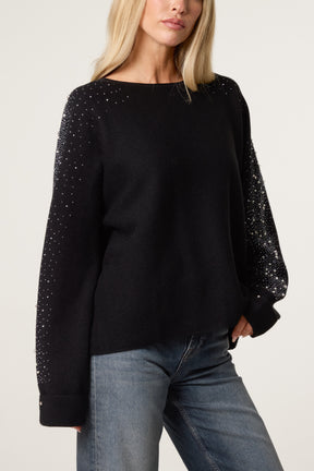 Embellished Sleeve Round Neck Knit Jumper