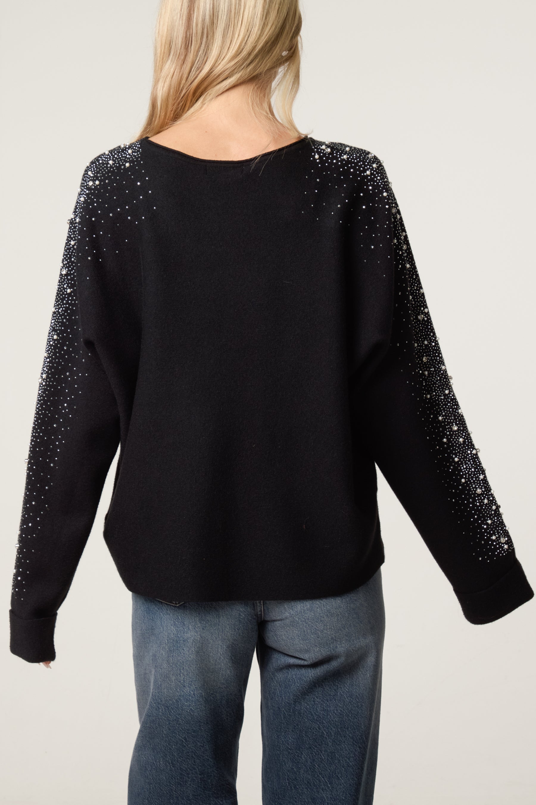Embellished Sleeve Round Neck Knit Jumper