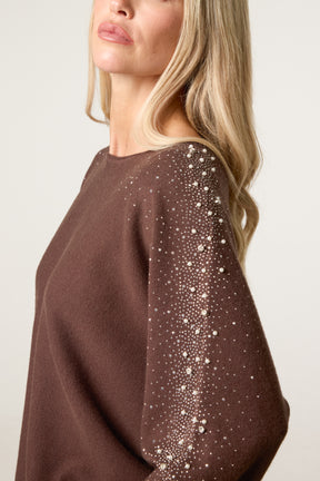 Embellished Sleeve Round Neck Knit Jumper