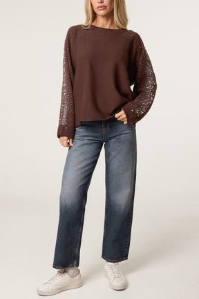 Embellished Sleeve Round Neck Knit Jumper