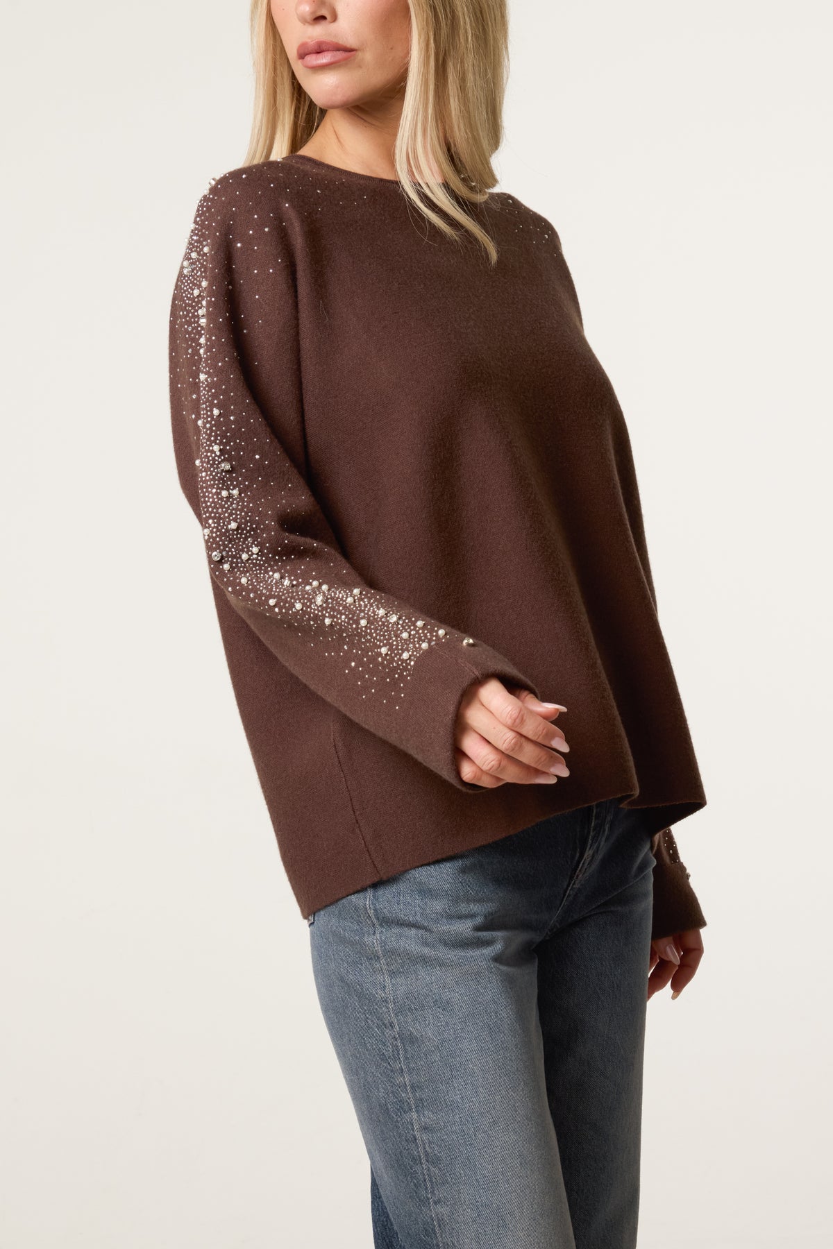 Embellished Sleeve Round Neck Knit Jumper