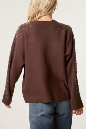 Embellished Sleeve Round Neck Knit Jumper