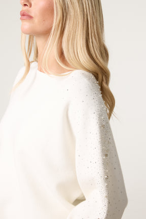 Embellished Sleeve Round Neck Knit Jumper