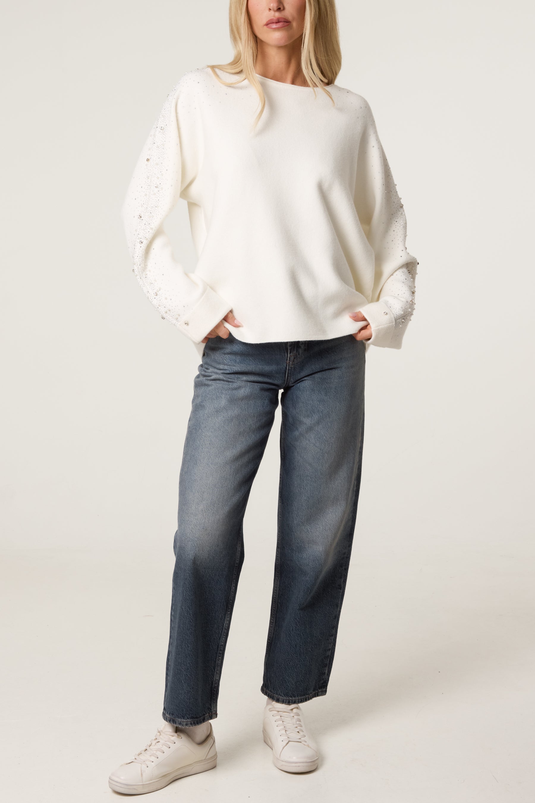 Embellished Sleeve Round Neck Knit Jumper