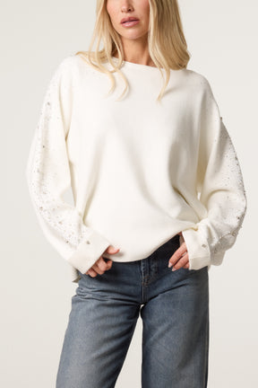 Embellished Sleeve Round Neck Knit Jumper
