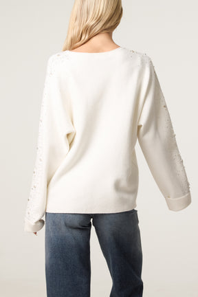 Embellished Sleeve Round Neck Knit Jumper
