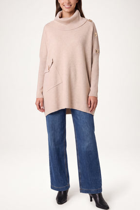 Square Hammered Button Cowl Neck Jumper