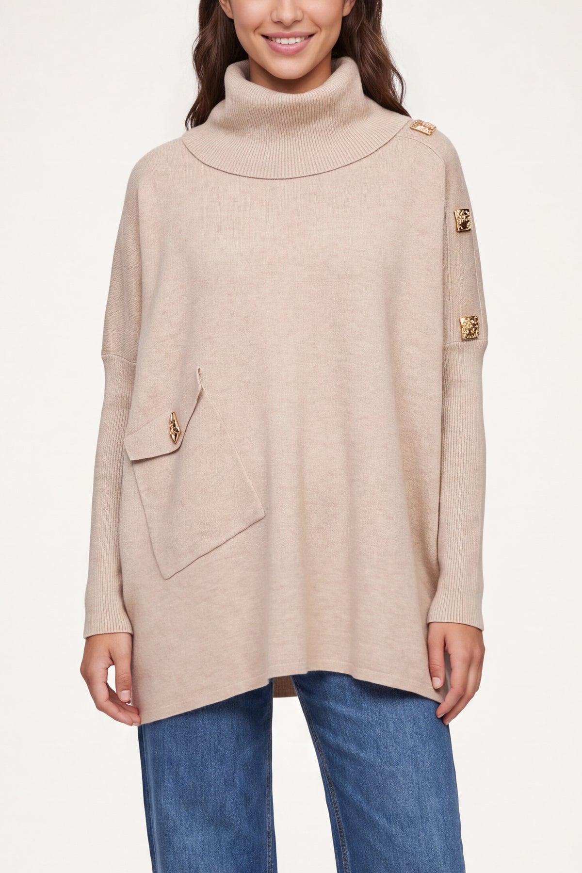 Square Hammered Button Cowl Neck Jumper