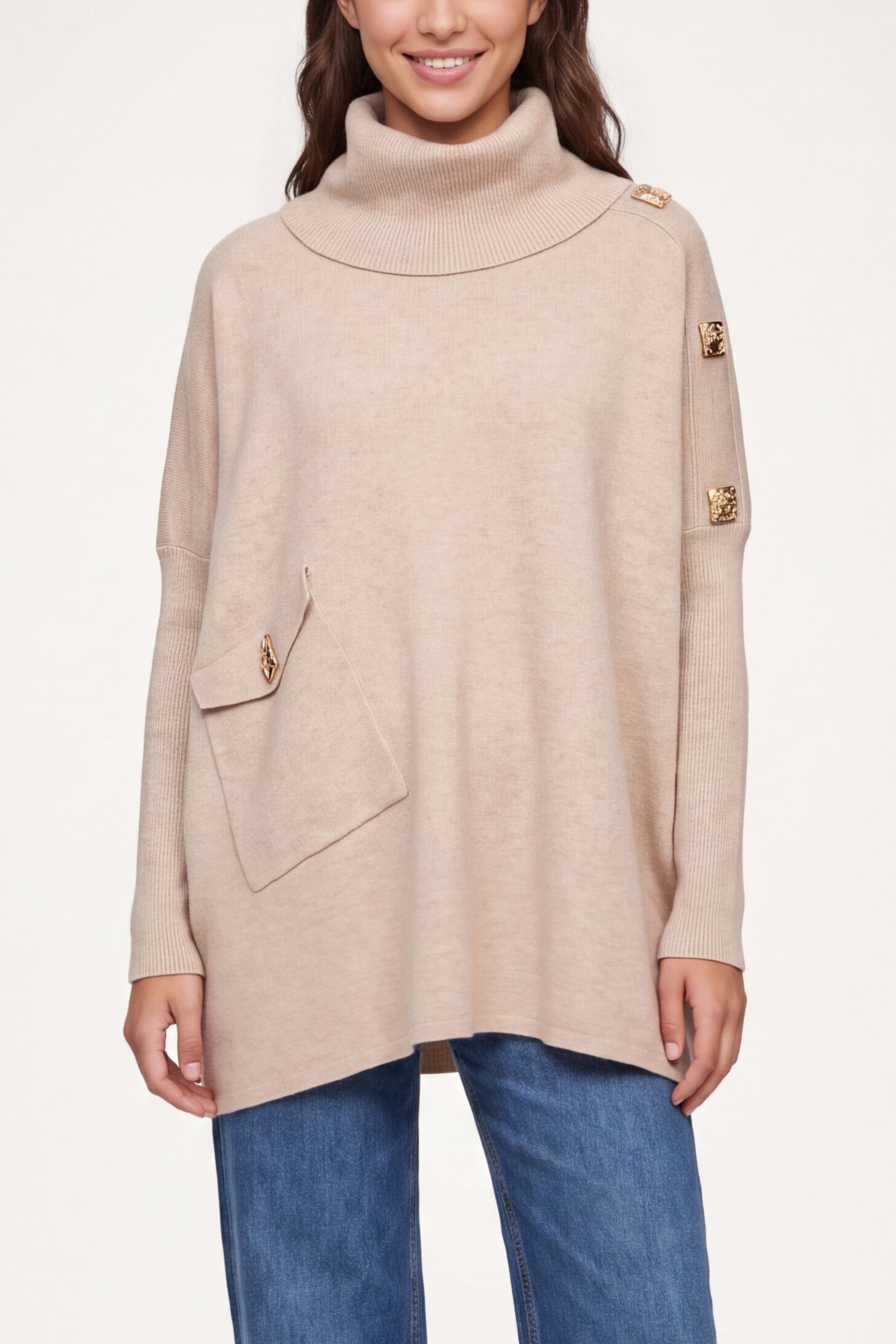 Square Hammered Button Cowl Neck Jumper