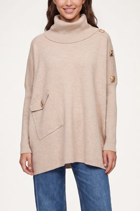 Square Hammered Button Cowl Neck Jumper