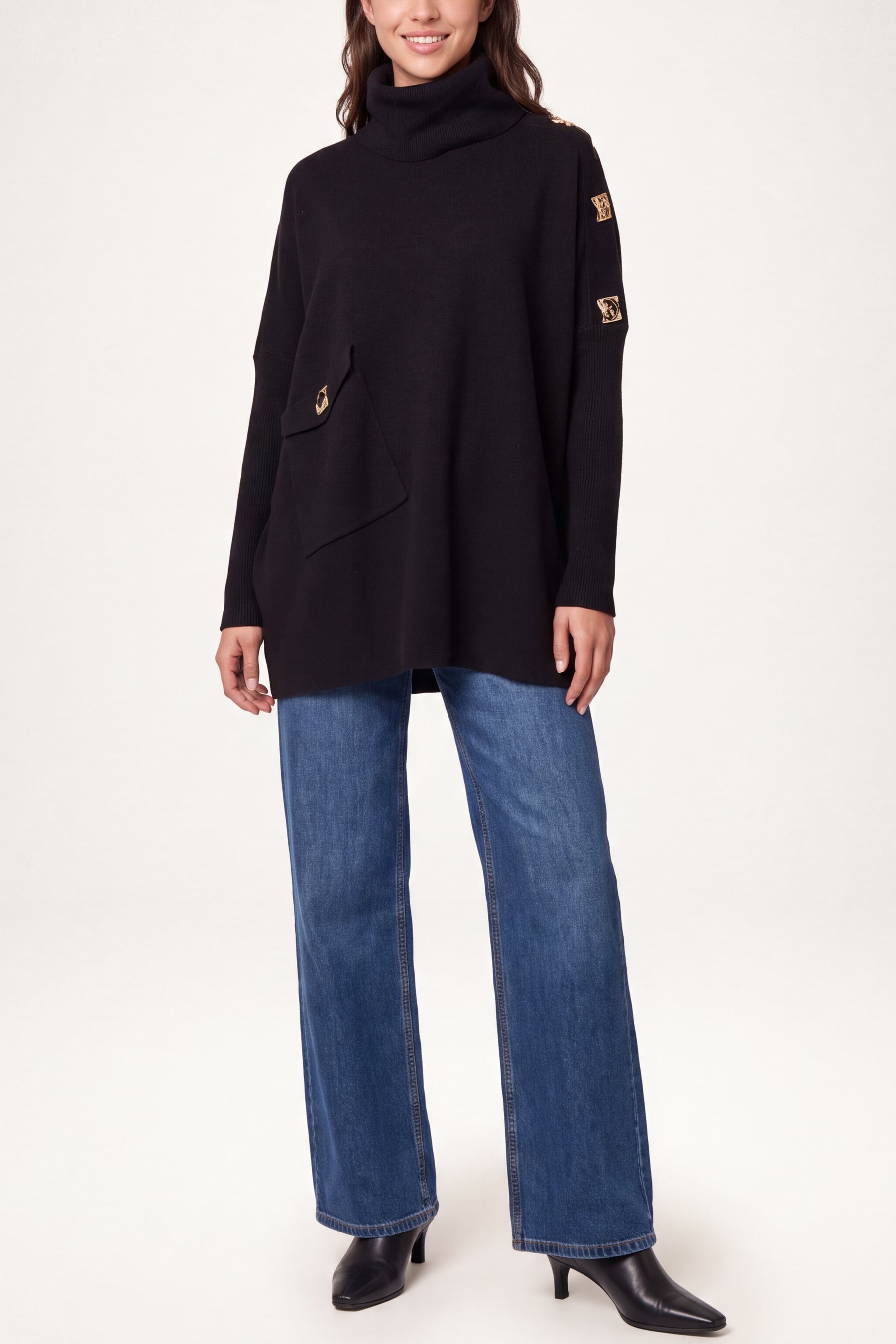 Square Hammered Button Cowl Neck Jumper