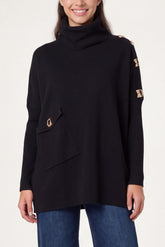 Square Hammered Button Cowl Neck Jumper