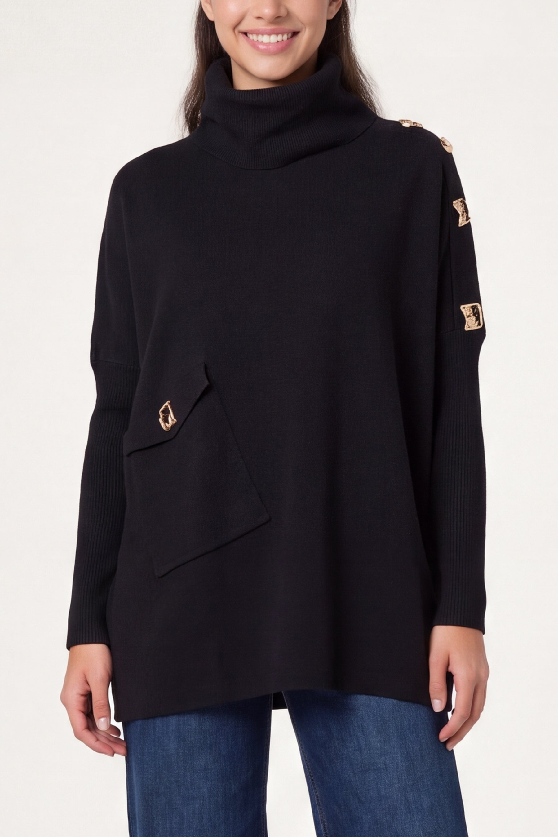 Square Hammered Button Cowl Neck Jumper